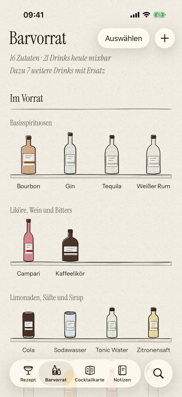 Verwalte Flaschen und alltägliche Zutaten an einem Ort. Finde Cocktails, die du damit schon mixen kannst. Auf Wunsch erkennst du Flaschen per Foto und bestätigst sie vor dem Hinzufügen.