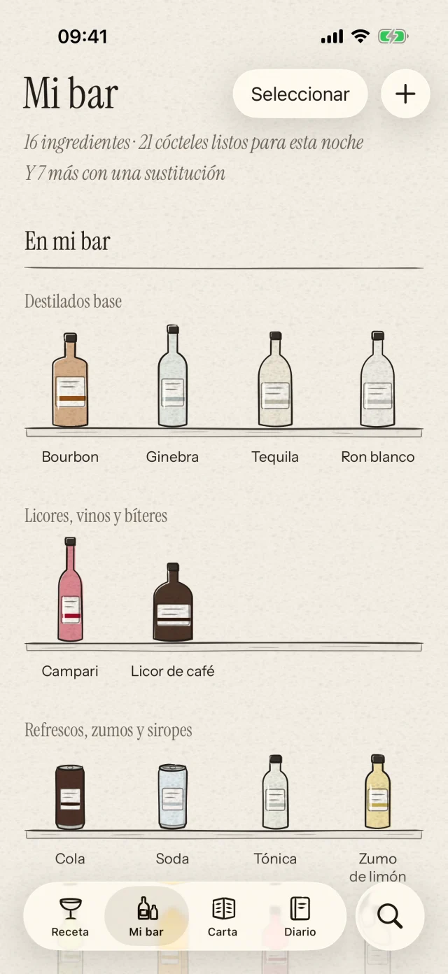 Organiza botellas e ingredientes cotidianos y descubre qué cócteles puedes preparar con ellos. También puedes identificar botellas con una foto y confirmar antes de añadirlas.