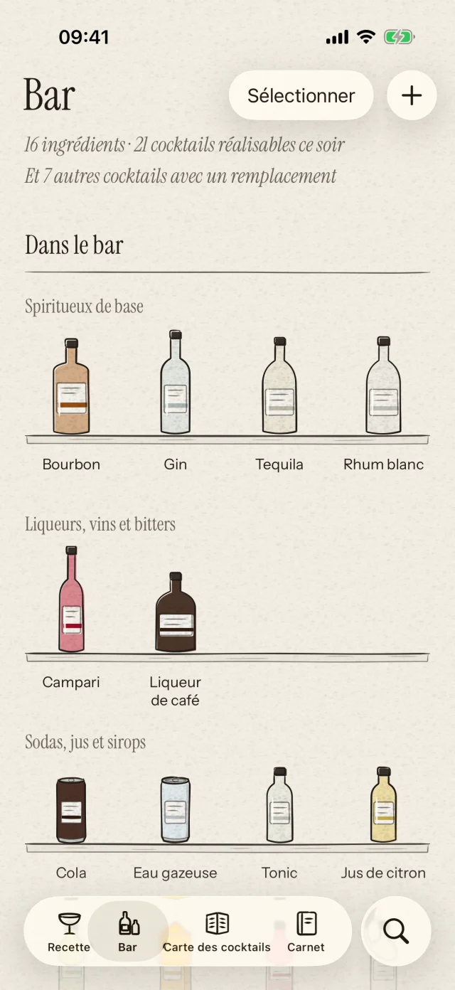 Rangez vos bouteilles et vos ingrédients au même endroit. Découvrez les cocktails que vous pouvez déjà préparer. Vous pouvez aussi identifier une bouteille en photo, puis confirmer son ajout.