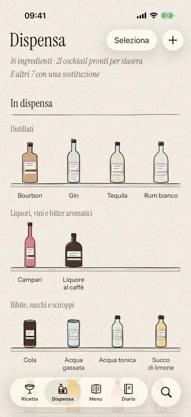 Raccogli bottiglie e ingredienti di tutti i giorni in un unico posto. Scopri i cocktail che puoi già preparare. Puoi anche riconoscere una bottiglia da una foto e confermarne l’aggiunta.