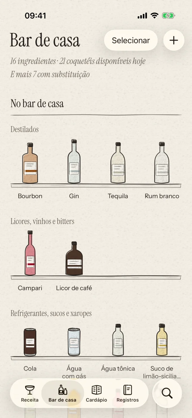 Organize suas garrafas e ingredientes do dia a dia. Descubra os coquetéis que já pode preparar. Você também pode identificar garrafas por foto e confirmar antes de adicioná-las.