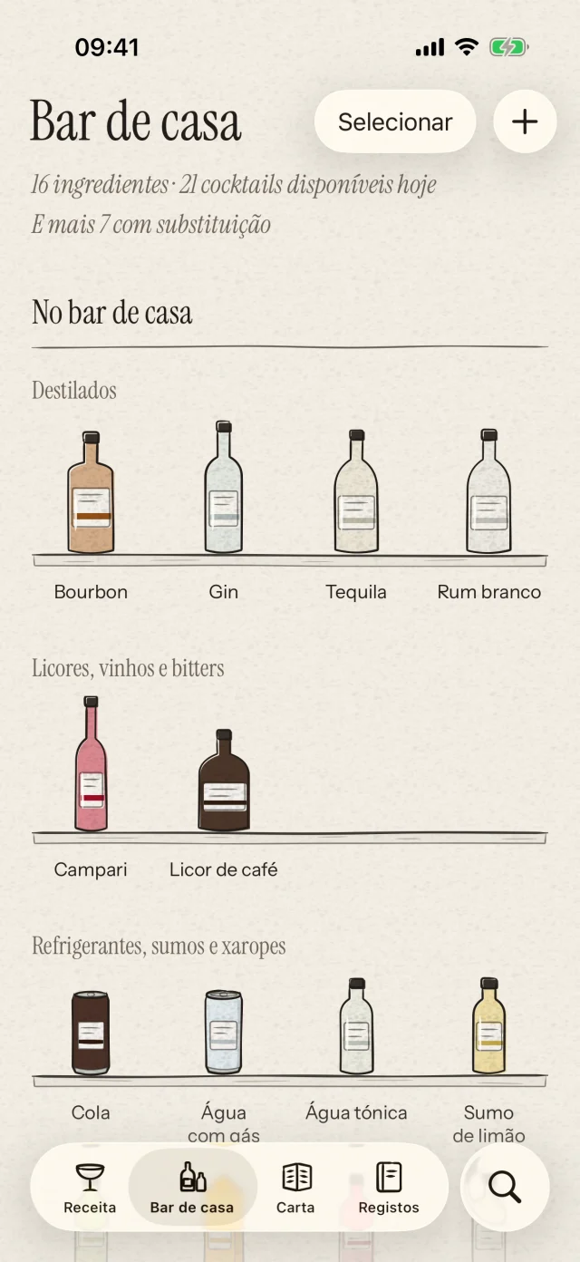 Organiza as tuas garrafas e ingredientes do dia a dia. Descobre os cocktails que já podes preparar. Também podes identificar garrafas por fotografia e confirmar antes de as adicionares.