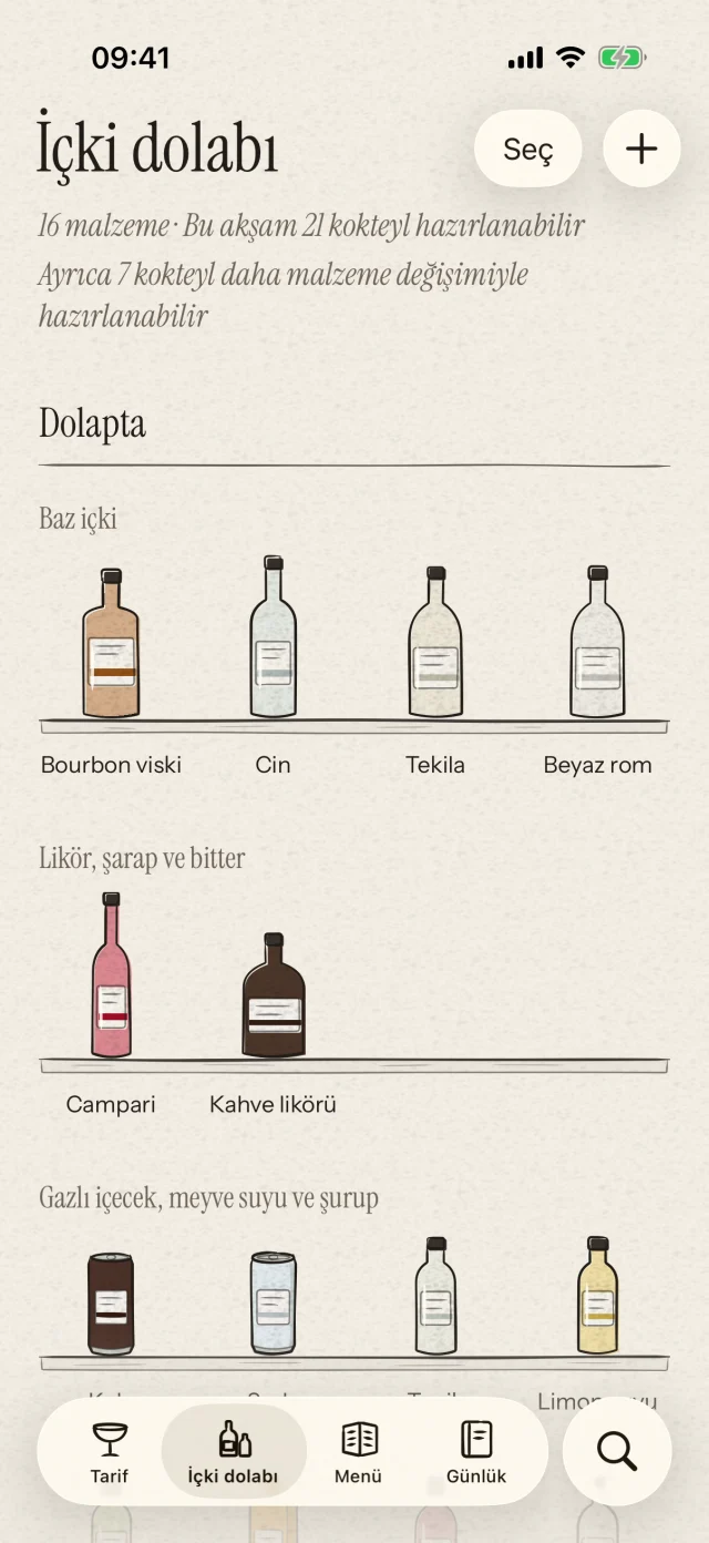Şişelerini ve günlük malzemelerini tek yerde düzenle. Elindekilerle yapabileceğin kokteylleri bul. İstersen şişeleri fotoğrafla tanıyıp onayladıktan sonra ekle.