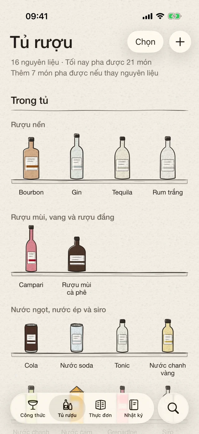 Sắp xếp rượu và nguyên liệu hằng ngày ở một nơi. Tìm những ly cocktail có thể pha ngay. Bạn cũng có thể nhận diện chai bằng ảnh rồi xác nhận trước khi thêm vào tủ.
