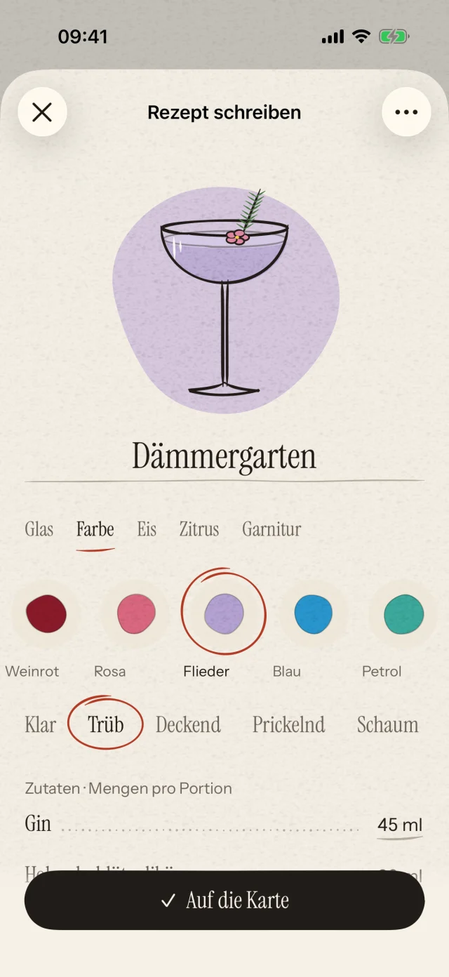 Wähle Glas, Farbe und Garnitur. Schreibe dein eigenes Rezept und gib ihm einen Namen. So wird aus deiner Idee ein ganz persönlicher Cocktail.
