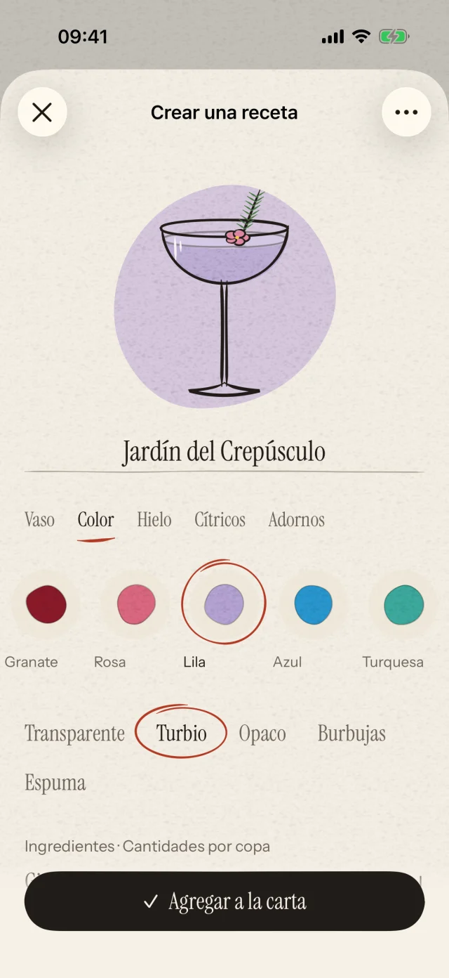 Elige una trago, un color y una decoración. Escribe tu receta y dale un nombre. Tu imaginación merece su propio coctel.