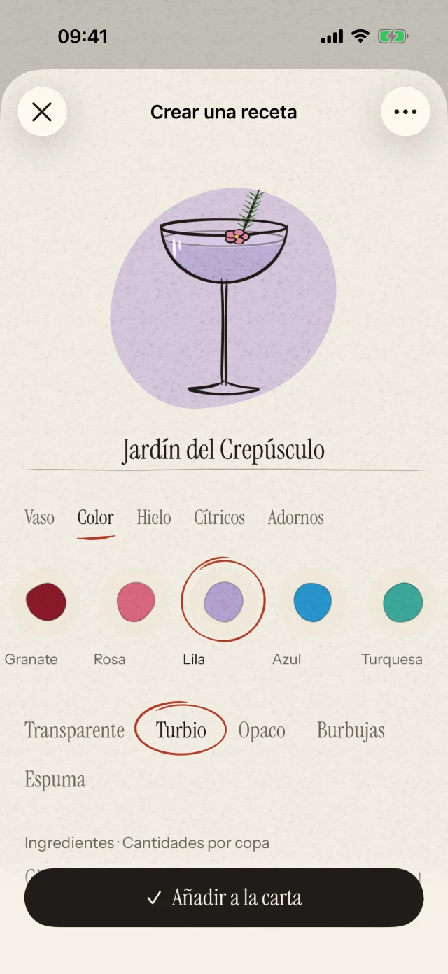 Elige una copa, un color y una decoración. Escribe tu receta y dale un nombre. Tu imaginación merece su propio cóctel.