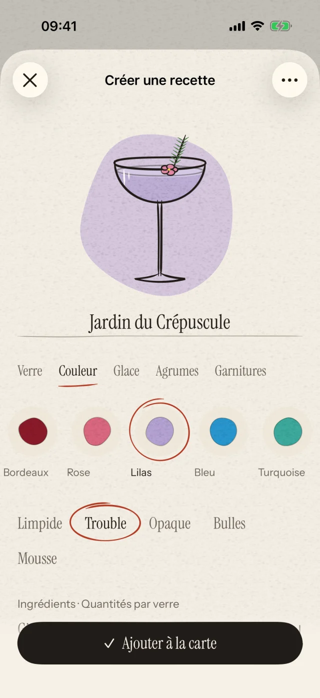 Choisissez un verre, une couleur et une garniture. Écrivez votre recette et donnez-lui un nom : votre imagination mérite son propre cocktail.