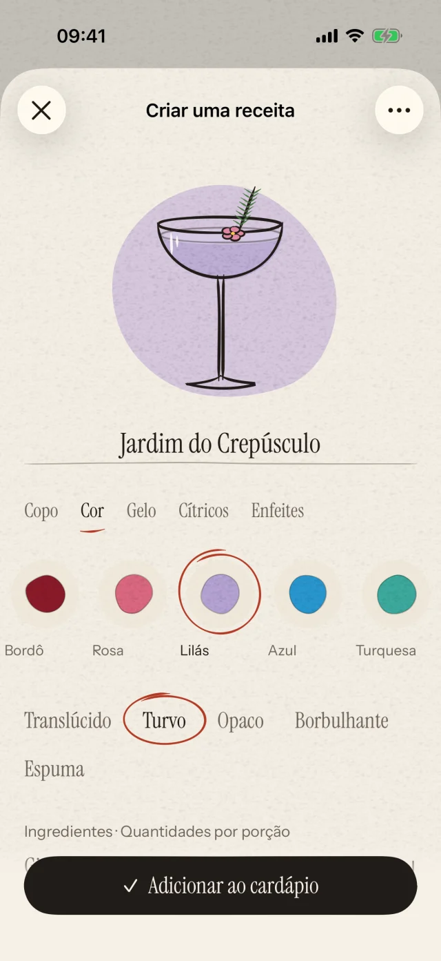 Escolha o copo, a cor e a decoração. Escreva sua receita e dê um nome a ela. Sua imaginação merece um coquetel só seu.