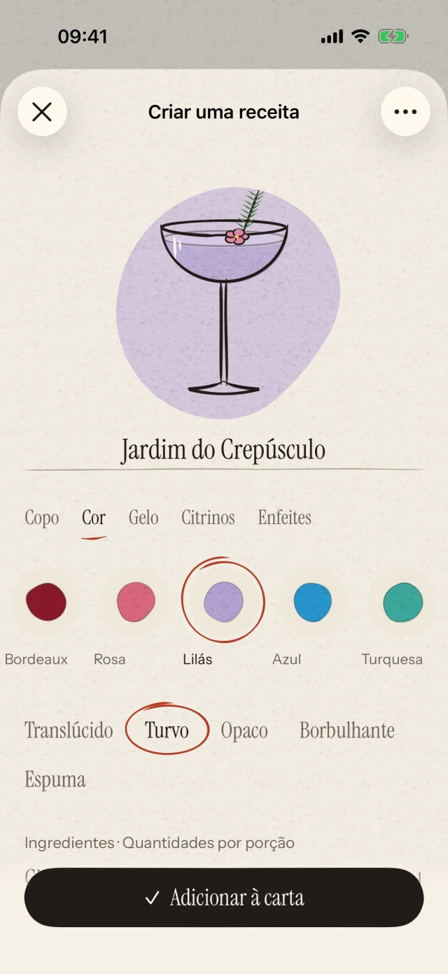 Escolhe o copo, a cor e a decoração. Escreve a tua receita e dá-lhe um nome. A tua imaginação merece um cocktail só teu.