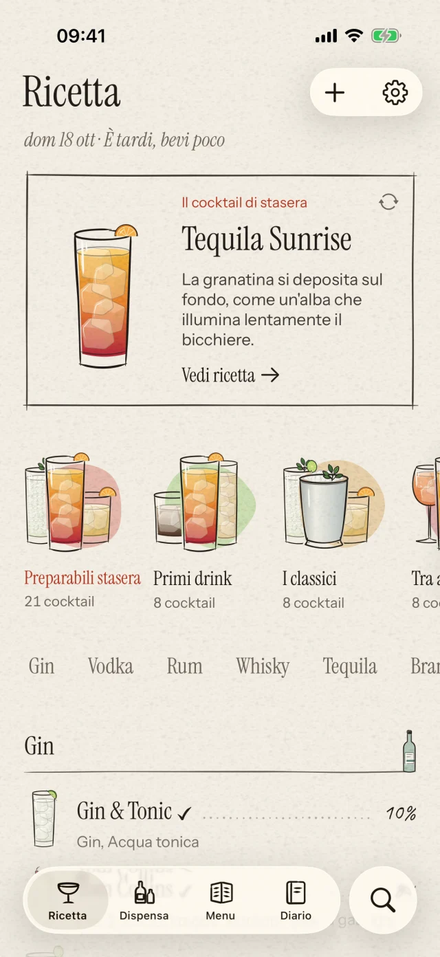 Menulet · Un piccolo bar. Tutto il tuo stile. · Raccogli bottiglie e ingredienti di tutti i giorni in un unico posto. Scopri i cocktail che puoi già preparare. Puoi anche riconoscere una bottiglia da una foto e confermarne l’aggiunta.