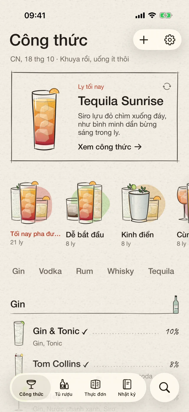 Menulet · Quầy bar nhỏ. Đậm chất riêng. · Sắp xếp rượu và nguyên liệu hằng ngày ở một nơi. Tìm những ly cocktail có thể pha ngay. Bạn cũng có thể nhận diện chai bằng ảnh rồi xác nhận trước khi thêm vào tủ.