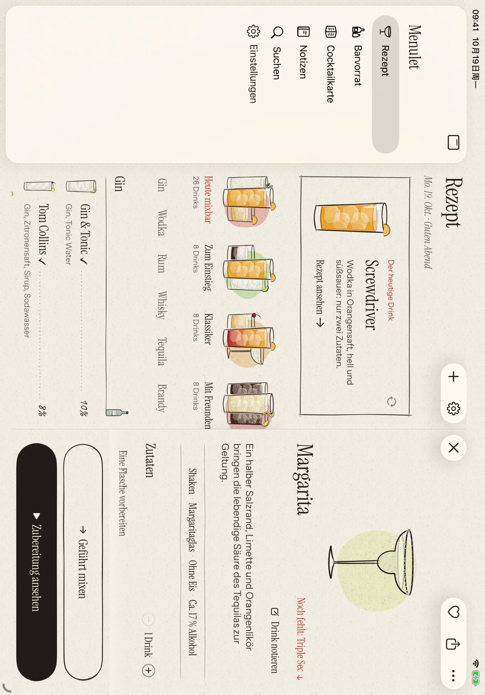 Rezeptliste und Details nebeneinander. Mehr Platz zum Stöbern, für Zutaten und die Planung deiner nächsten Getränkekarte.