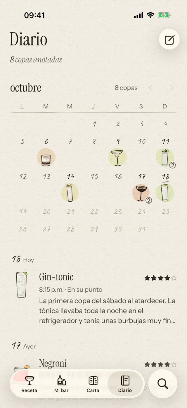 Guarda tus cocteles en el calendario, con calificaciones y notas de sabor. Recuerda los pequeños cambios que hicieron especial aquella receta.
