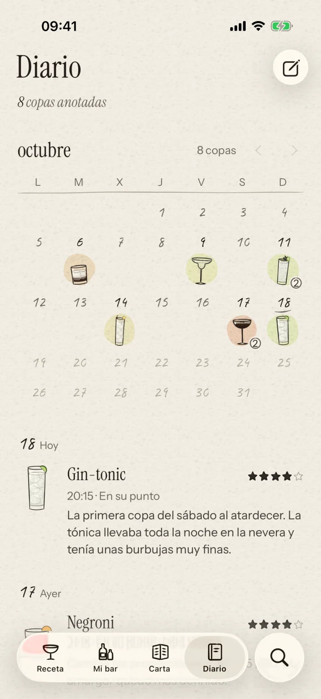 Guarda tus cócteles en el calendario, con puntuaciones y notas de sabor. Recuerda los pequeños cambios que hicieron especial aquella receta.
