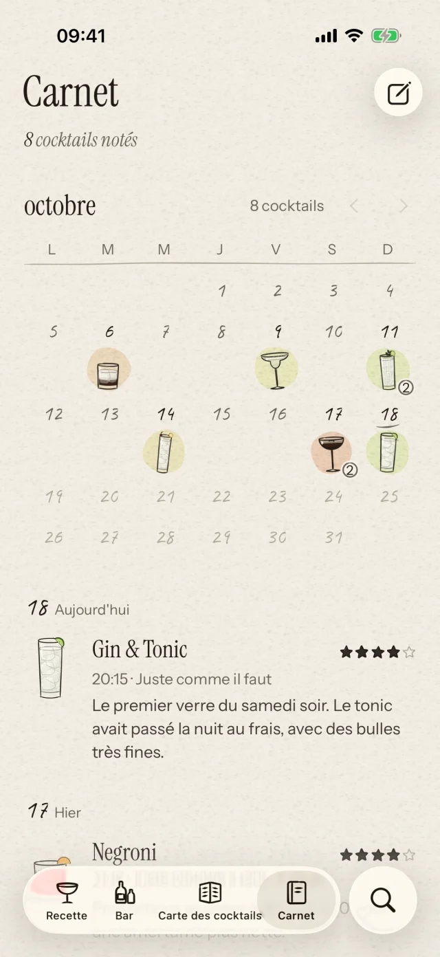 Un calendrier de vos cocktails, avec vos notes et impressions. Gardez les petits ajustements qui ont rendu cette recette si réussie.