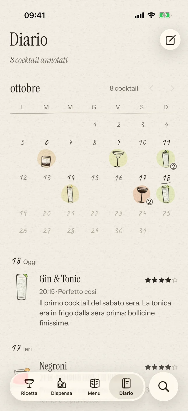 Conserva i cocktail nel calendario, con voti e note di degustazione. Ritrova quei piccoli cambiamenti che hanno reso speciale una ricetta.