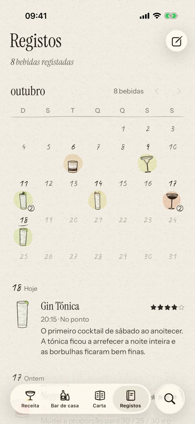 Guarda os cocktails no calendário, com avaliações e notas de prova. Recorda os pequenos ajustes que tornaram aquela receita especial.