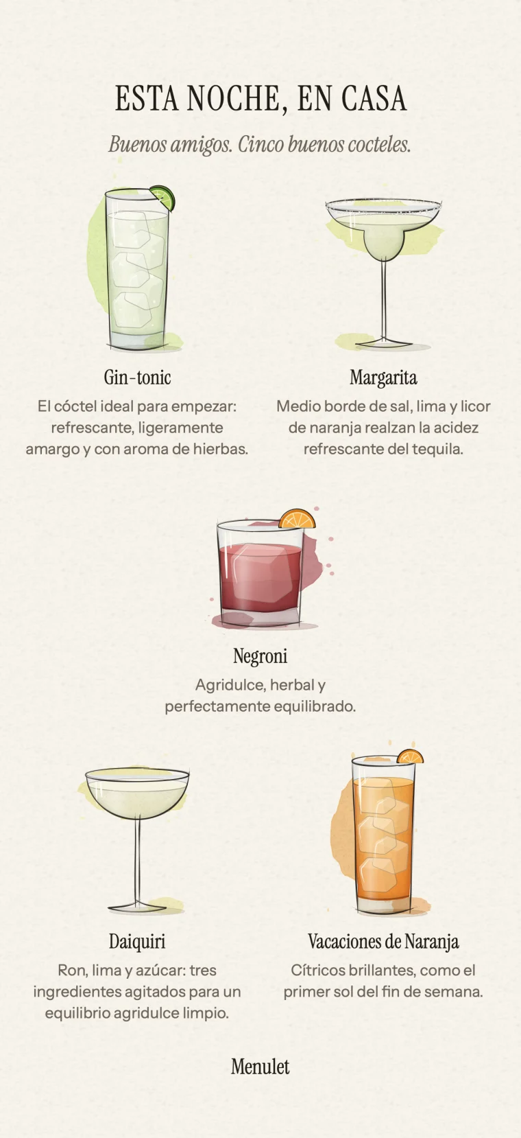 Elige los cocteles, ponle nombre a la reunión y crea tu menú. Ilustraciones en acuarela y tu propio estilo, listo para exportar y compartir con tus amigos.