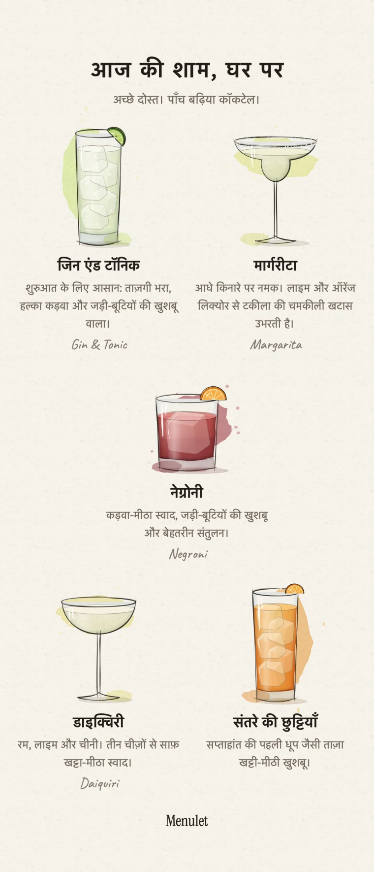 कॉकटेल चुनें, शाम को एक नाम दें और अपना मेन्यू बनाएँ। जलरंग चित्रों और पसंदीदा शैली वाला मेन्यू एक्सपोर्ट करें और दोस्तों के साथ साझा करें।