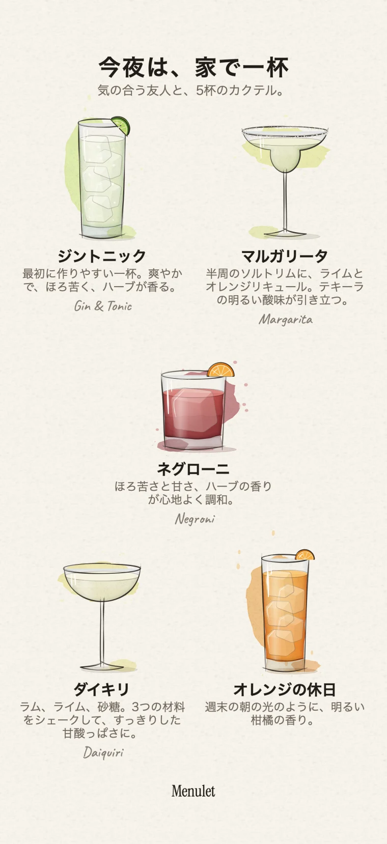 好きなカクテルを選び、今夜の名前を付けましょう。水彩イラストと好みのデザインで、友人に送りたくなるメニューを作って書き出せます。