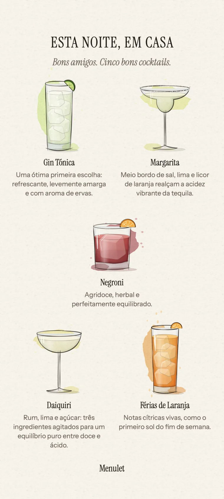 Escolhe os cocktails, dá um nome à noite e cria a tua carta. Ilustrações em aguarela e um estilo próprio, para exportar e partilhar com os amigos.
