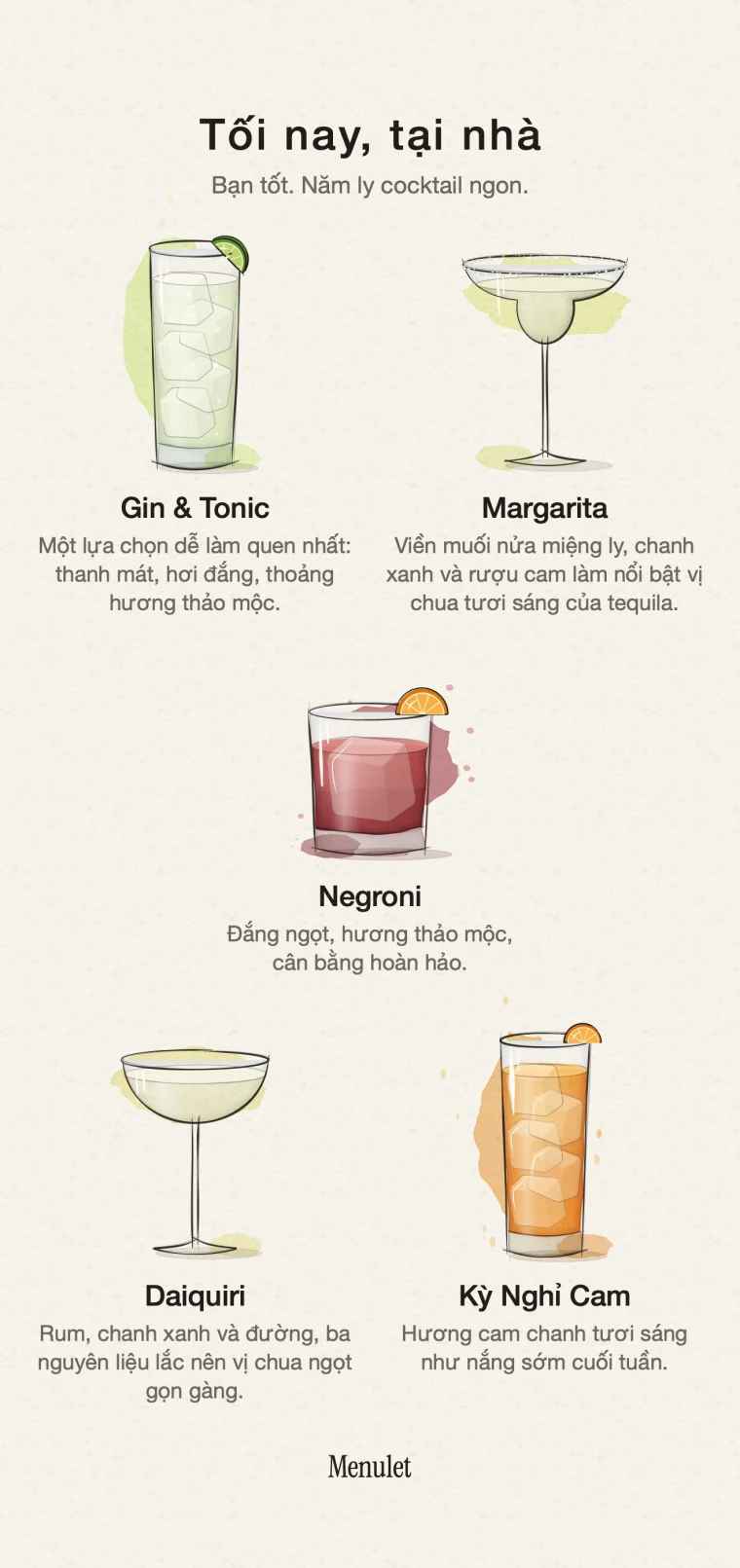 Chọn cocktail, đặt tên cho buổi tối và tạo thực đơn của riêng mình. Minh họa màu nước cùng phong cách yêu thích, sẵn sàng xuất và chia sẻ với bạn bè.