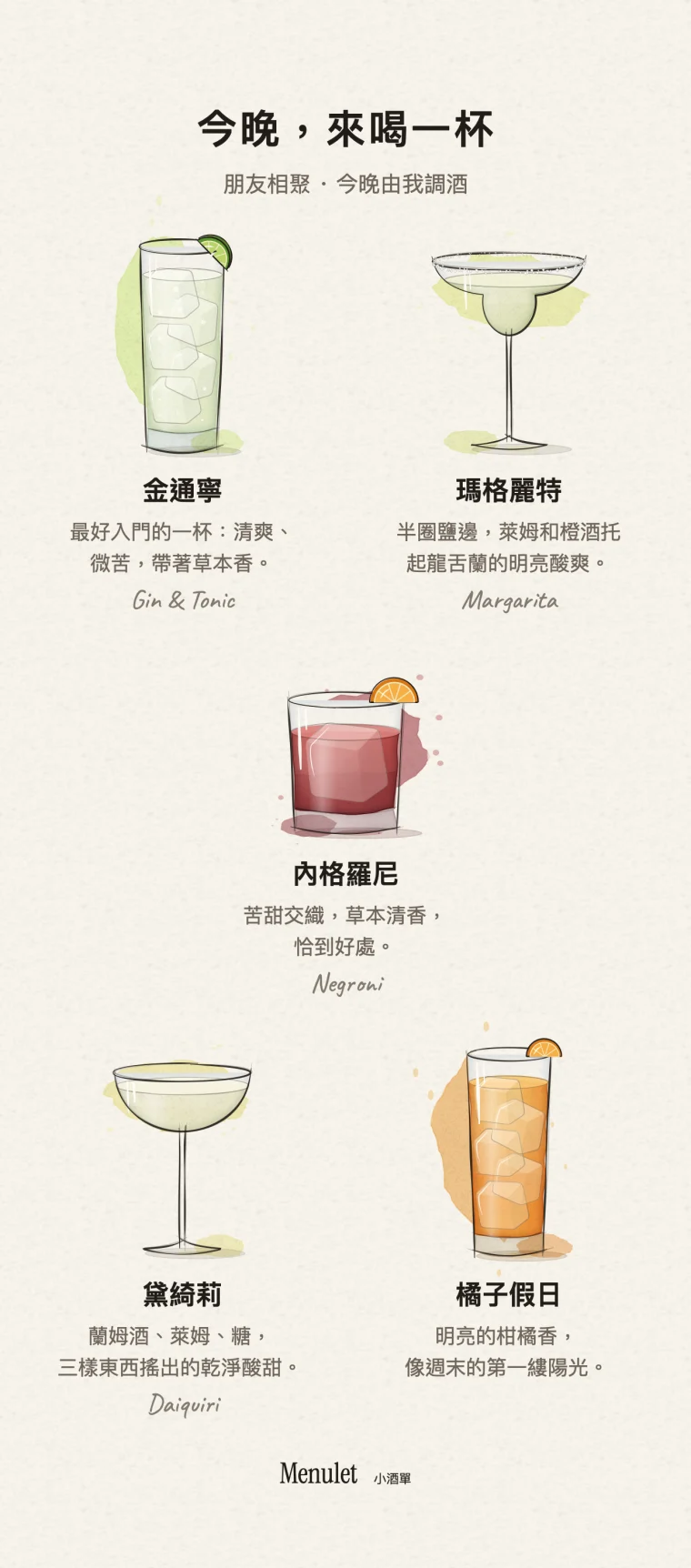 挑幾款喜歡的酒，給今晚取個名字。用水彩插畫與喜歡的版式，做一張自己的酒單，匯出後分享給朋友，或擺上餐桌。