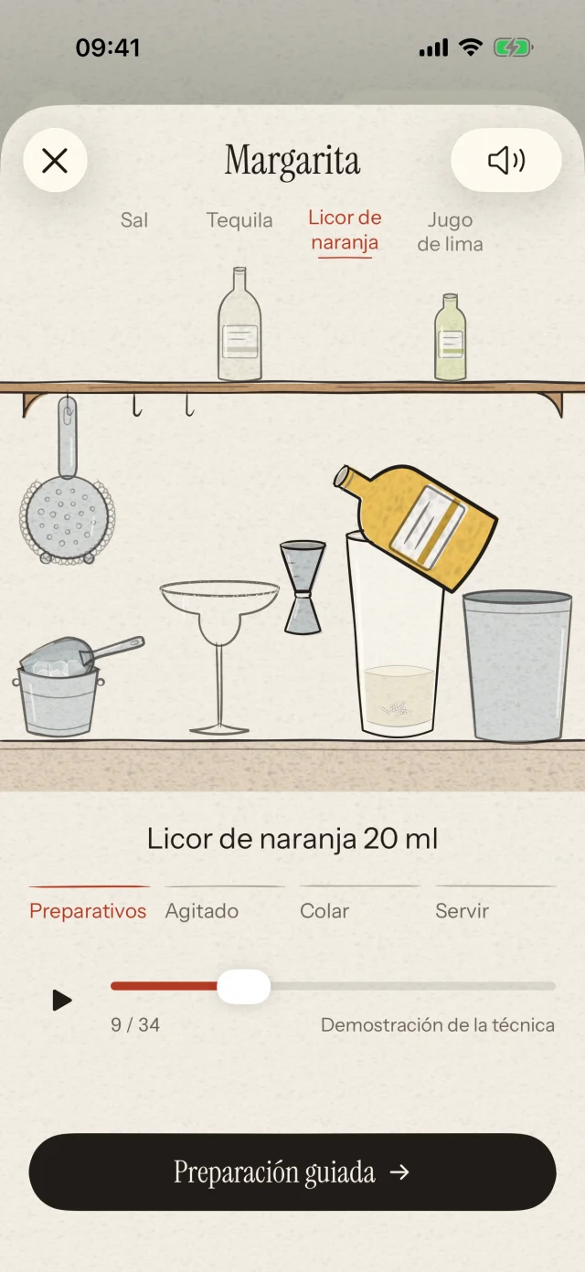 Mira qué ingrediente añadir, cuándo y en qué cantidad. Sigue las animaciones a tu ritmo, desde la primera medida hasta la decoración final.