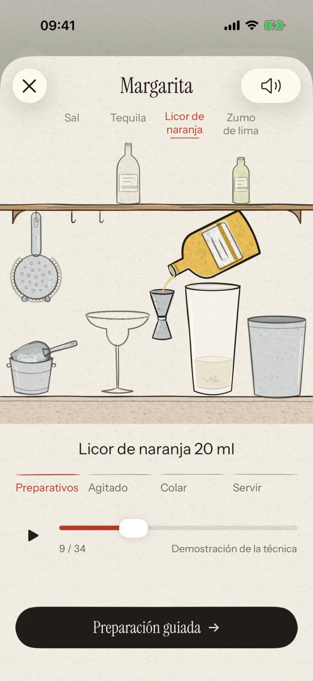 Mira qué ingrediente añadir, cuándo y en qué cantidad. Sigue las animaciones a tu ritmo, desde la primera medida hasta la decoración final.